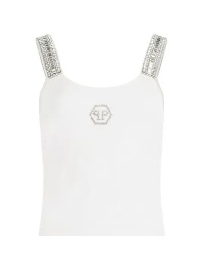 Philipp Plein Rhinestone Ribbed Tank Top In White