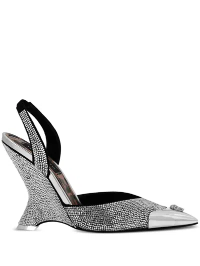 Philipp Plein Rhinestone Slingback Wedge Pumps In Grey