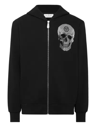 Philipp Plein Rhinestoned-skull Zip Hoodie In Black