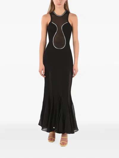 Philipp Plein Rhinestone-embellished Sheer-panel Maxi Dress In Black
