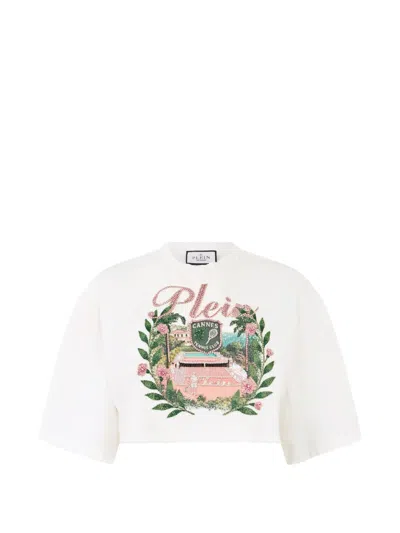 Philipp Plein Rhinestones Cropped T-shirt In White