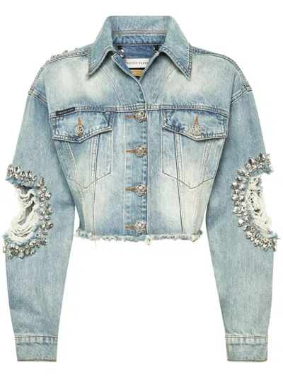 Philipp Plein Rhinetone Cropped Jacket In Blue