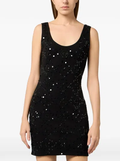 Philipp Plein Rhomb Flowers Strass Dress In Black