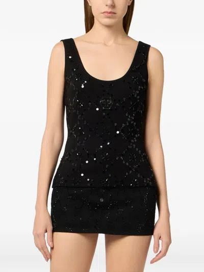 Philipp Plein Rhombus Flower Strass Tank Top In Black