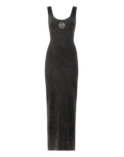 PHILIPP PLEIN RIB LONG TANK DRESS STONES WASH HEXAGON