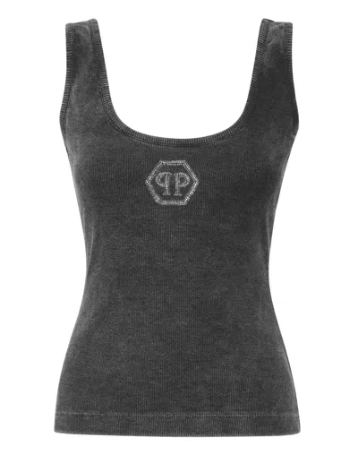 Philipp Plein Rib Tank Top Stones Wash Hexagon In Black
