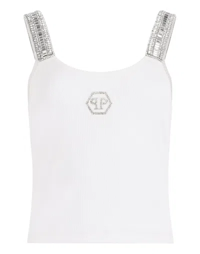 Philipp Plein Rib Tank Top Strass Hexagon In White