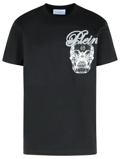 PHILIPP PLEIN RIBBED CREW NECK T-SHIRT WITH LOGO PATCH AND CHEST PRINT