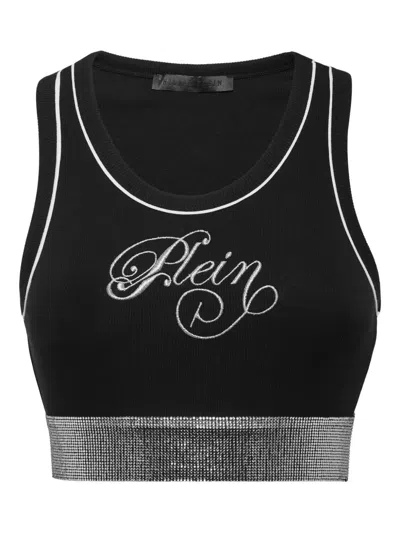 Philipp Plein Ribbed-knit Logo-embroidered Top In Black