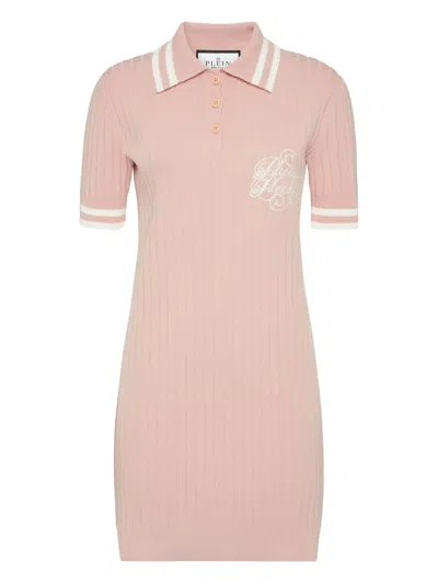 Philipp Plein Ribbed-knit Polo Dress In Pink