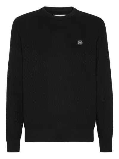 Philipp Plein Ribbed Logo-plaque Sweater In Black