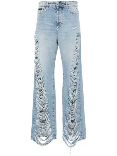 Philipp Plein Ripped Trousers In Blue