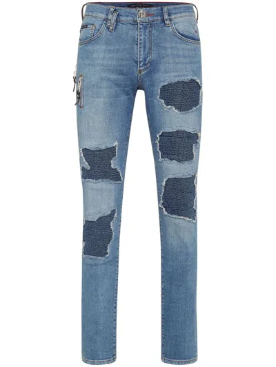 Philipp Plein Rock Star Ribbed-panels Skinny Jeans In Blue