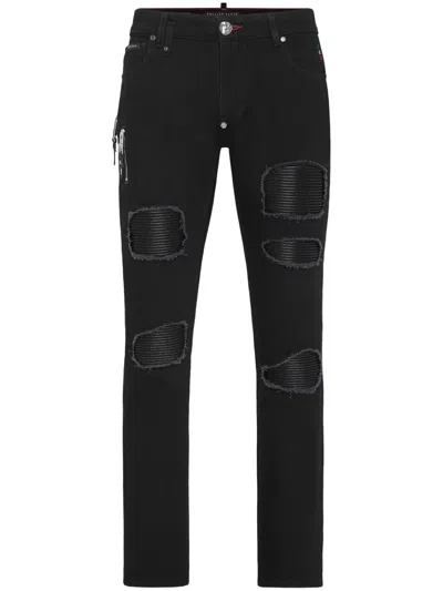 Philipp Plein Skinny-fit Distressed Effect Cotton Denim Jeans In Black