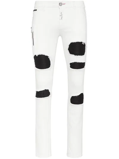 Philipp Plein Skinny-fit Distressed Effect Cotton Denim Jeans In White