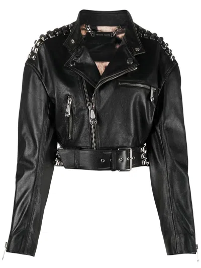Philipp Plein Rock-stud Cropped Leather Jacket In Black