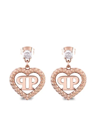 Philipp Plein Rocked Hearts Pendant Earrings In Pink