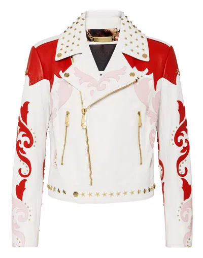 Philipp Plein Rodeo Intarsia Leather Biker In White