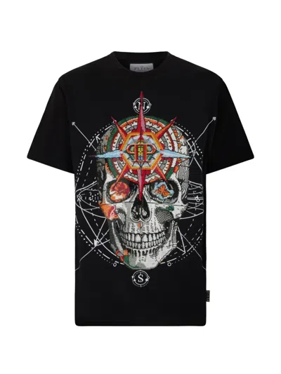 Philipp Plein Round Neck T-shirt Wind Rose Skull Stones Men In Black