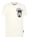 Philipp Plein Ribbed Crew Neck T-shirt With Logo Patch And Chest Print In Sand