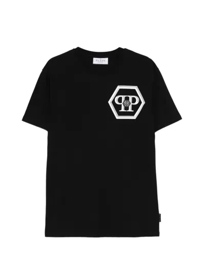 Philipp Plein Round Neck T-shirt Lines Hexagon In Black