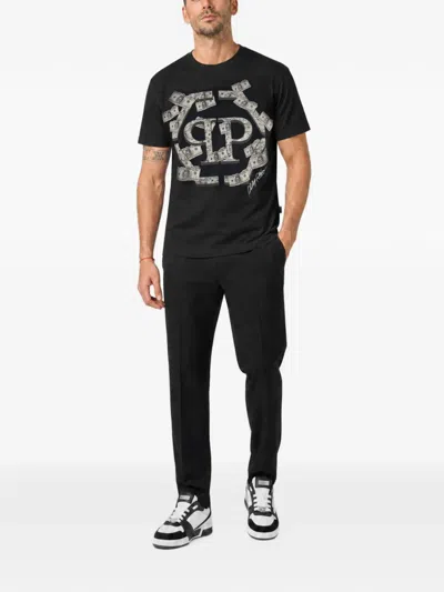 Philipp Plein Cotton T-shirt With Graphic Print And Contrast Logo In Black