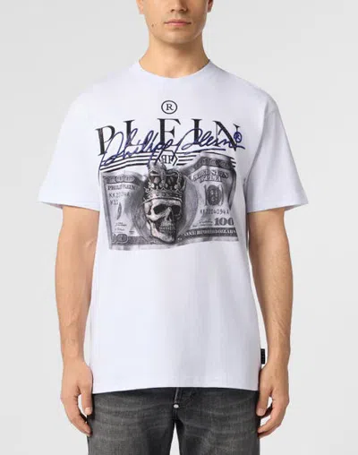 Philipp Plein Round Neck T-shirt Dollar Signature Men In White