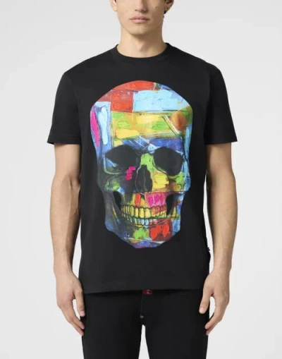 Philipp Plein Round Neck T-shirt Painted Skull Men In Black
