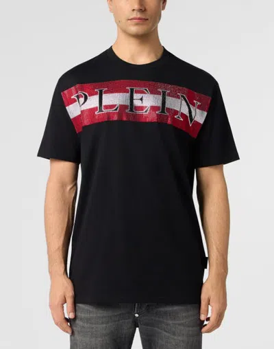 Philipp Plein Round Neck T-shirt Stripe Logo Stones Men In Black