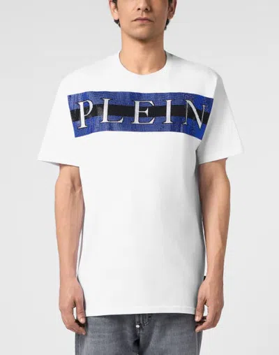 Philipp Plein Round Neck T-shirt Stripe Logo Stones Men In White