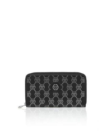 Philipp Plein Rounded Zip Wallet Monogram Strass Women In Black