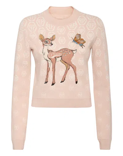 Philipp Plein Roundneck Pullover With Fairy Embroidery Monogram In Neutral