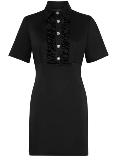 Philipp Plein Ruffle-trim Short-sleeve Minidress In Black
