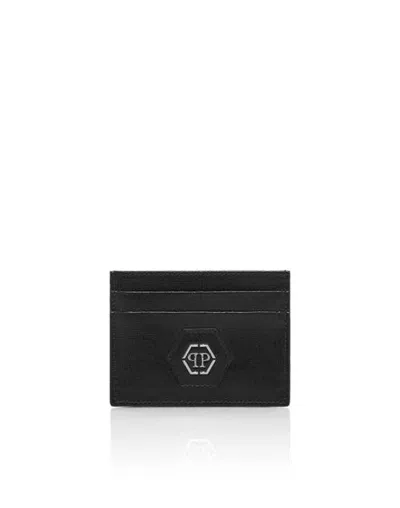 Philipp Plein Saffiano Leather Card Holder Hexagon Unisex In Black