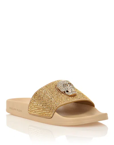 Philipp Plein Sandals Flat Skull With Crystals In Beige