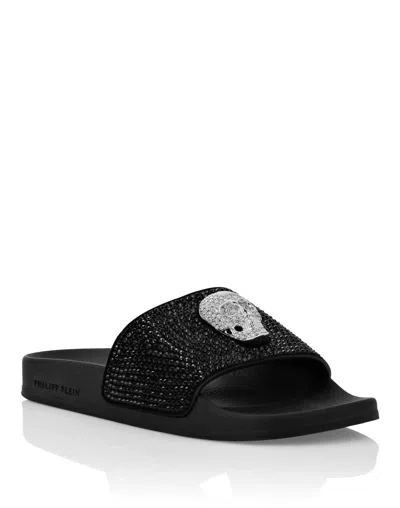 Philipp Plein Sandals Flat Skull With Crystals In Black