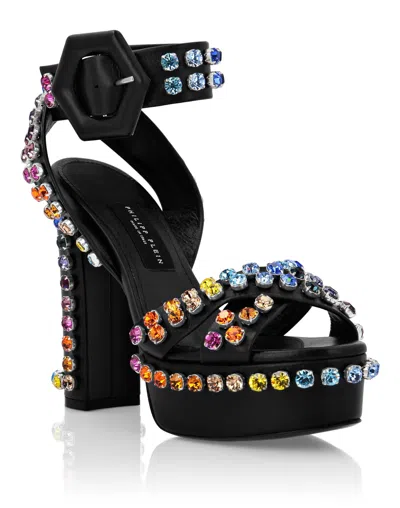 Philipp Plein Sandals High Heels Multicolor With Crystals In Black