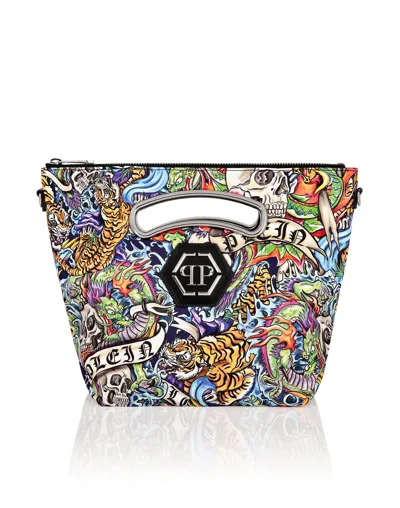 Philipp Plein Satin & Mirror Leather Medium Handle Bag Tattoo In Multi