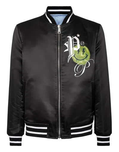 Philipp Plein Logo-print Satin-finish Reversible Bomber Jacket In Blue