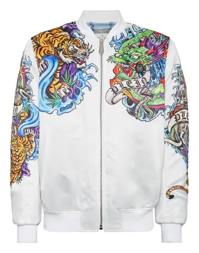 Philipp Plein Satin Bomber Tattoo In White