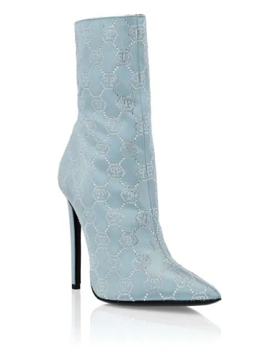 Philipp Plein Satin Boots High Heels Mid Monogram Strass Women In Blue