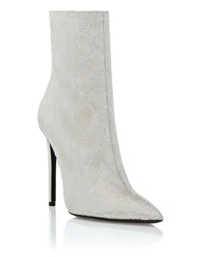 Philipp Plein Satin Boots High Heels Mid Monogram Strass Women In White