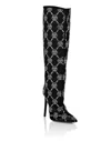 Philipp Plein Satin Boots High Heels Mid Strass Monogram