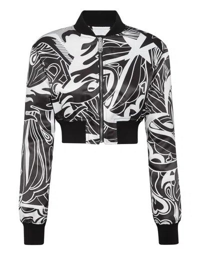 Philipp Plein Satin Cropped Bomber In Multi