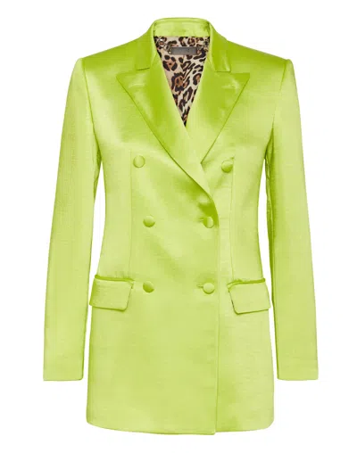 Philipp Plein Double-breasted Satin Blazer In Yellow