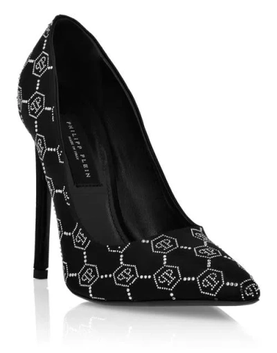 Philipp Plein Satin Decollete Hi-heels Strass Monogram Women In Black