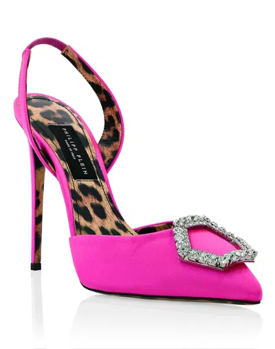 Philipp Plein Satin Decollete Slingback Hi-heels Crystal Hexagon In Pink
