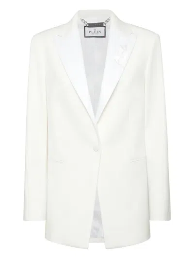 Philipp Plein Bestickter Blazer Mit Satinrevers In White