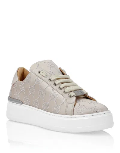 Philipp Plein Satin Lo Top Sneakers Monogram Strass In Sand