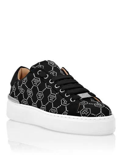 Philipp Plein Satin Lo-top Sneakers Strass Monogram In Black